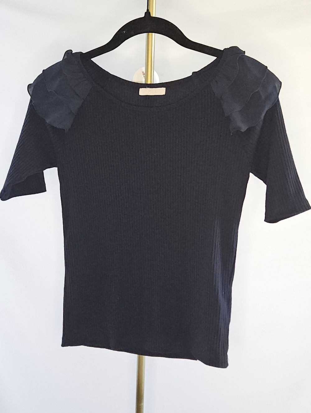 MIIA Black Ribbed Short Sleeve Top with Tiered Ruffle Shoulders